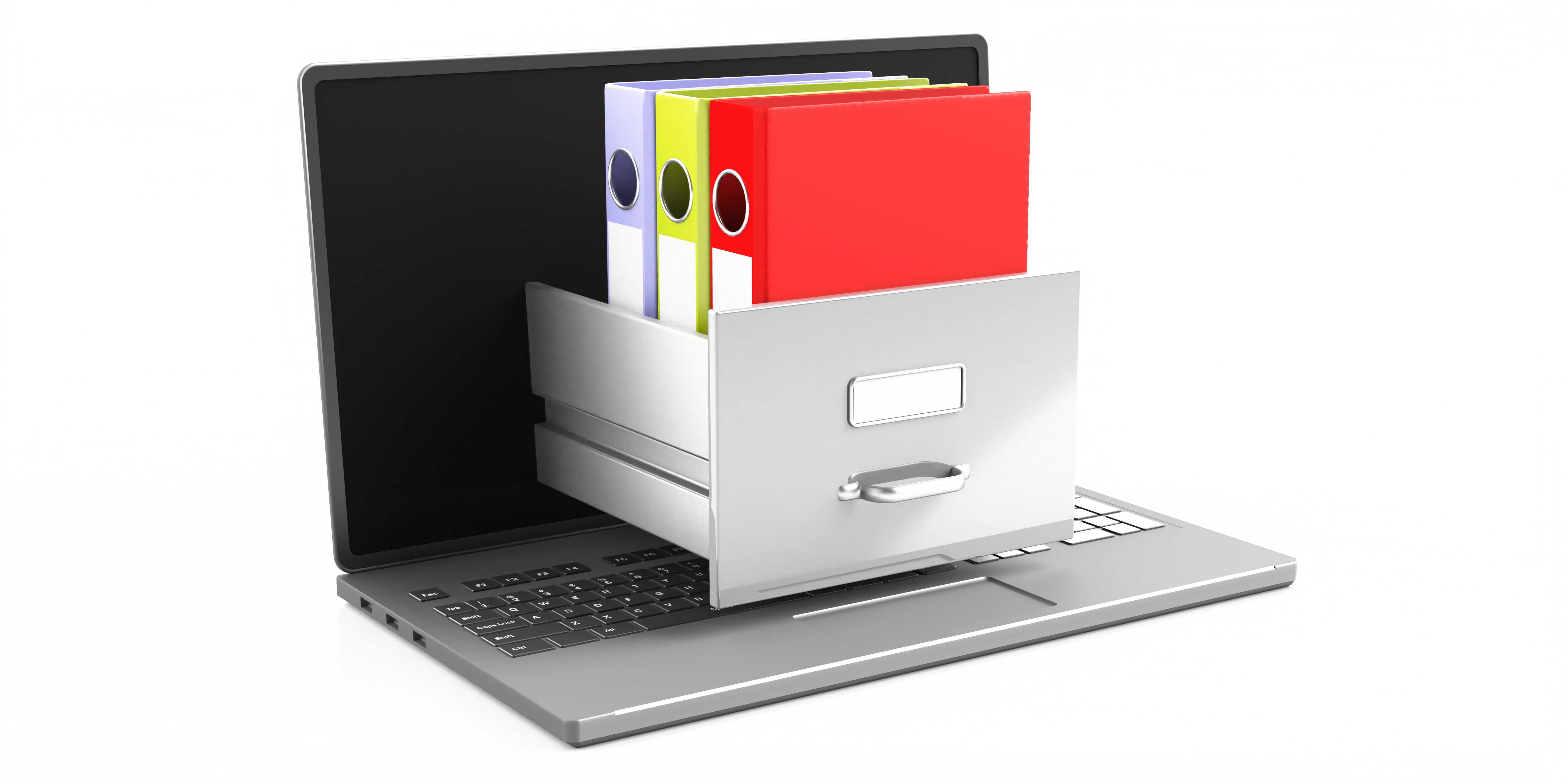 Laptop with a digital filing cabinet and folders, representing electronic document and records management software.