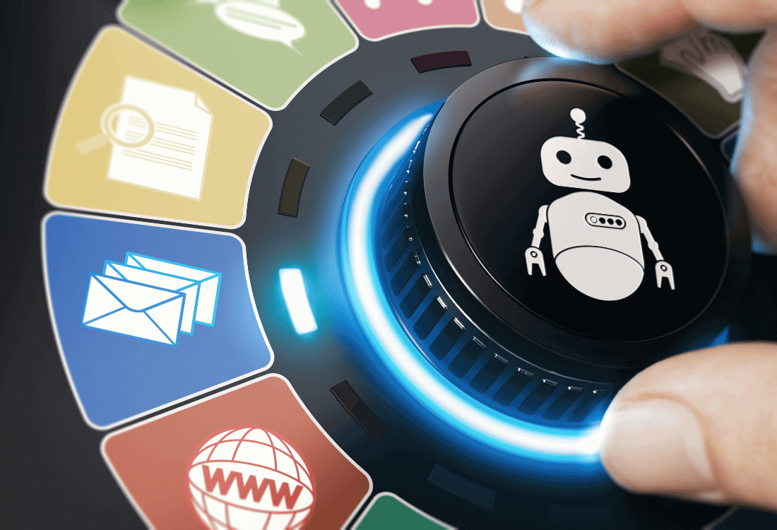 A robot on a switch pointing to a mail symbol, highlighting mailroom tracking systems for automation. 
