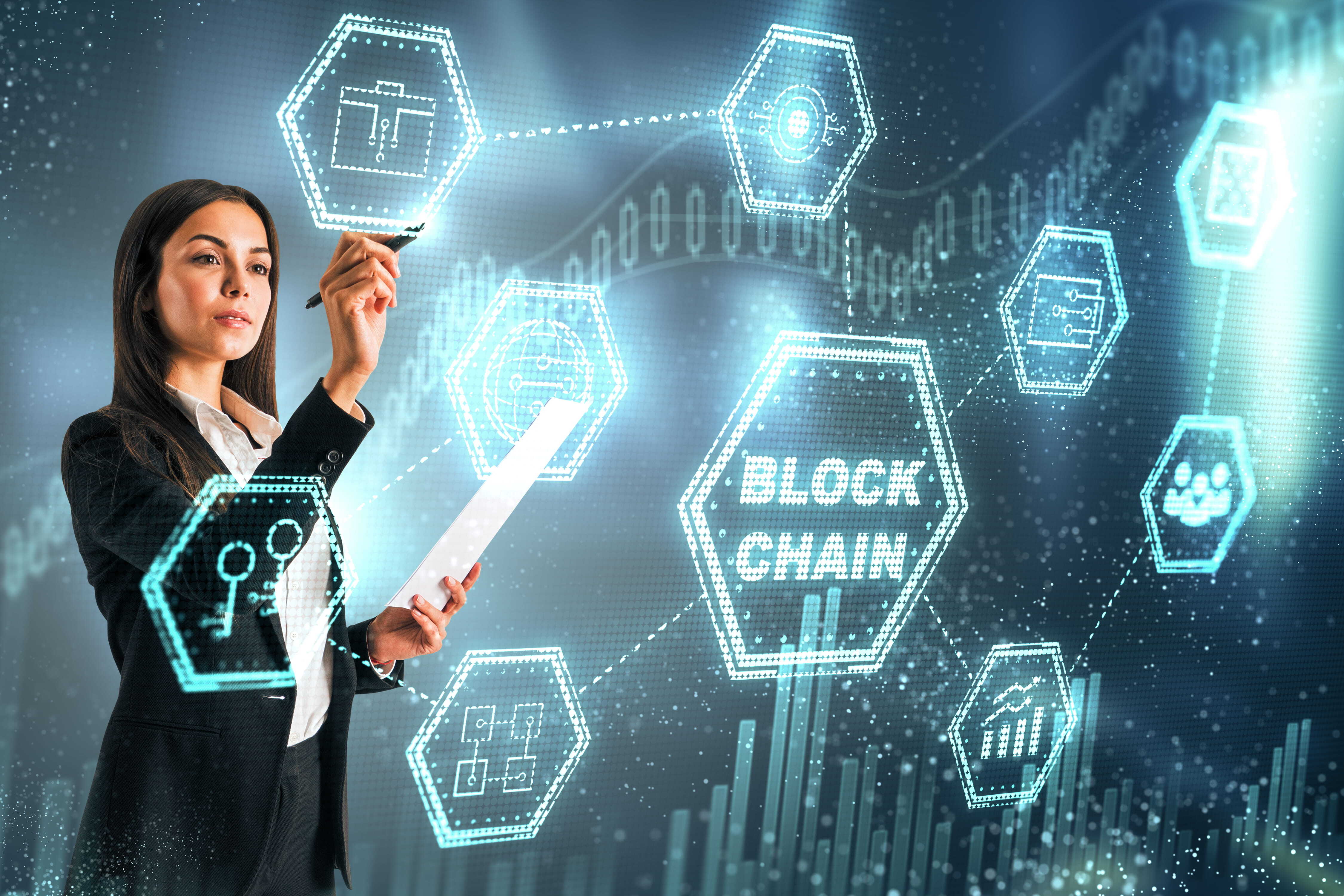 Businesswoman interacting with a digital blockchain interface showing connected data, security and analytics icons, showing the benefits of blockchain for business.