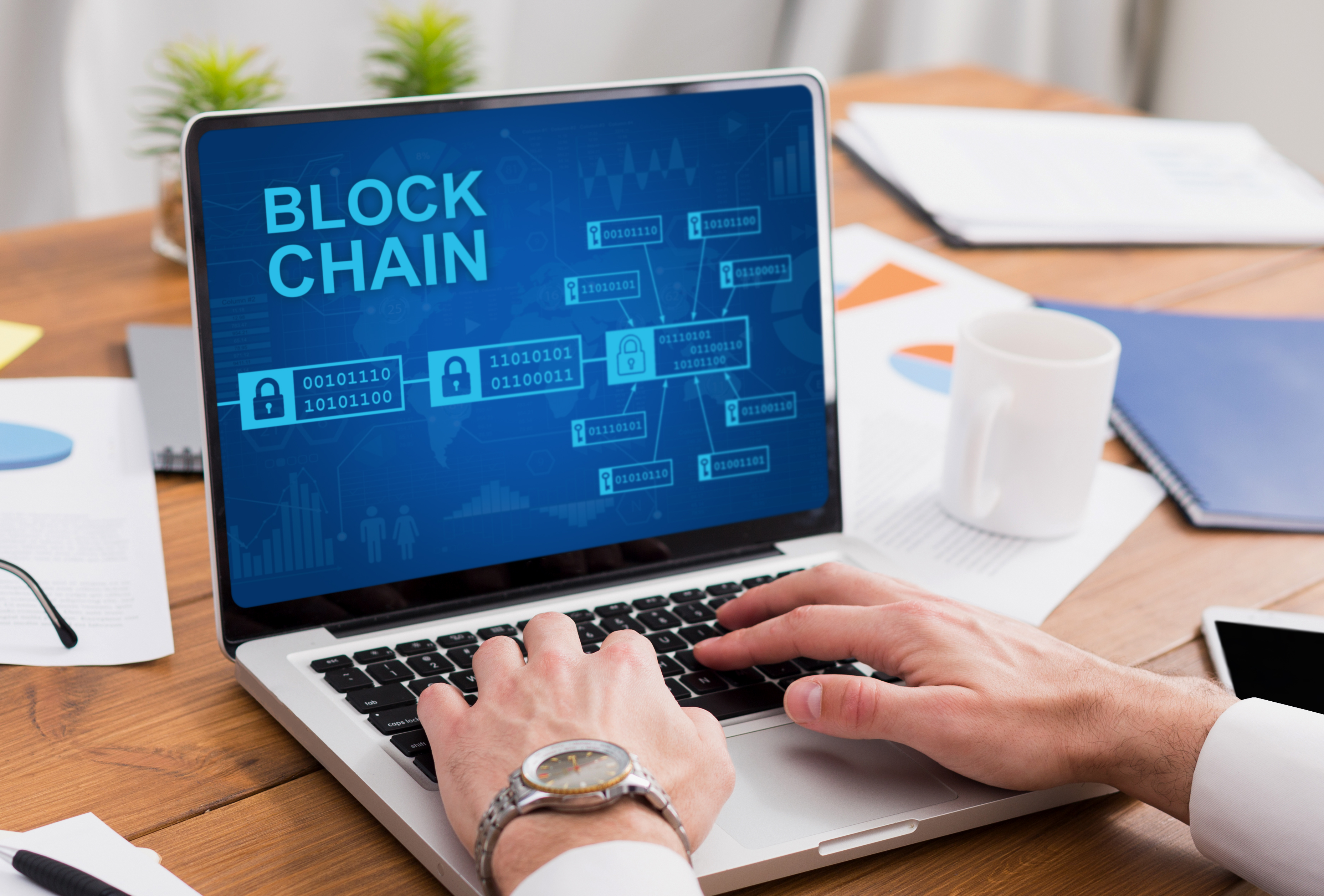 Digital blockchain network visualisation with financial data connections, representing blockchain technology in accounting and secure transactions.