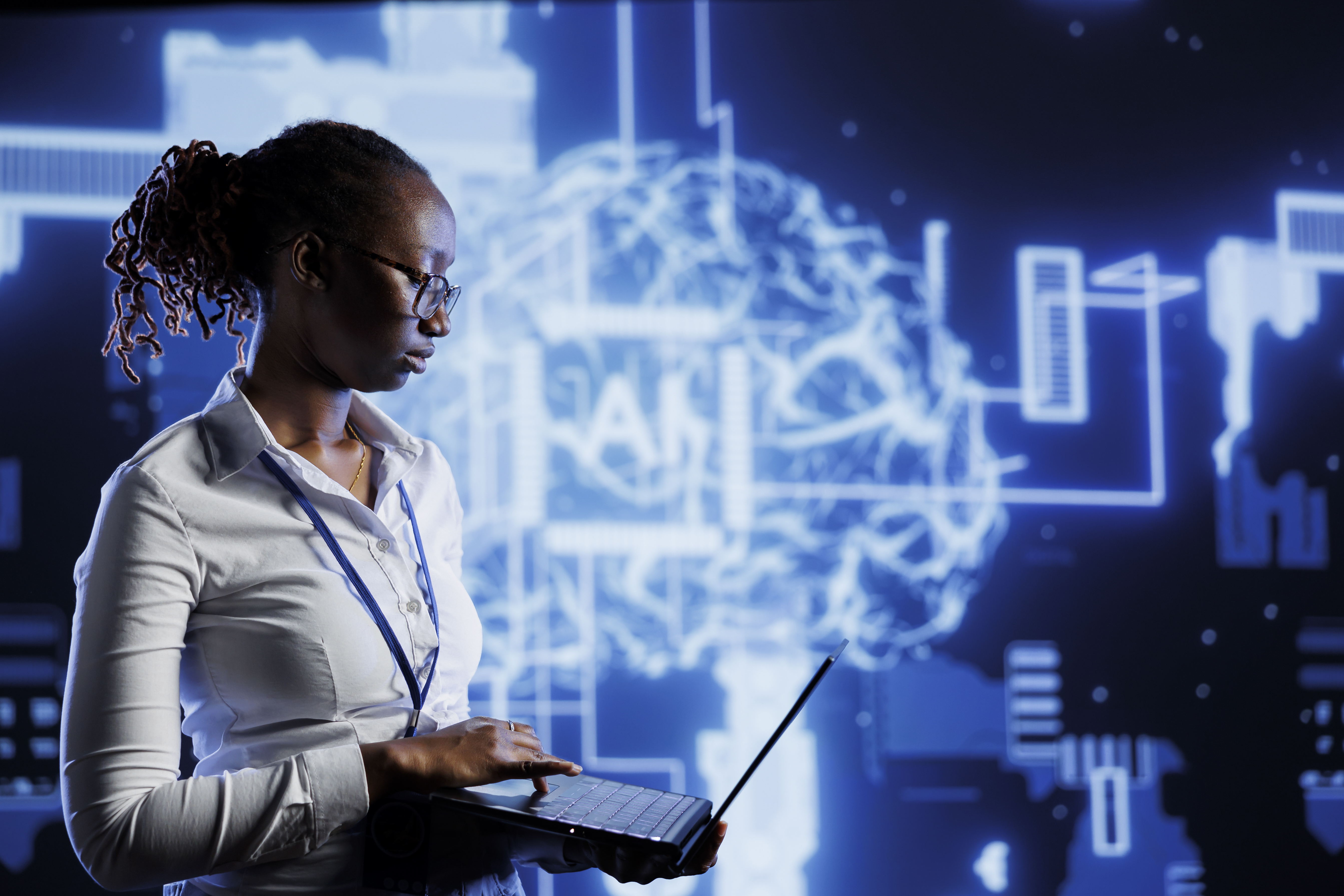 Digital interface displaying AI systems and business analytics, representing AI native and AI augmented technologies for business decision-making.